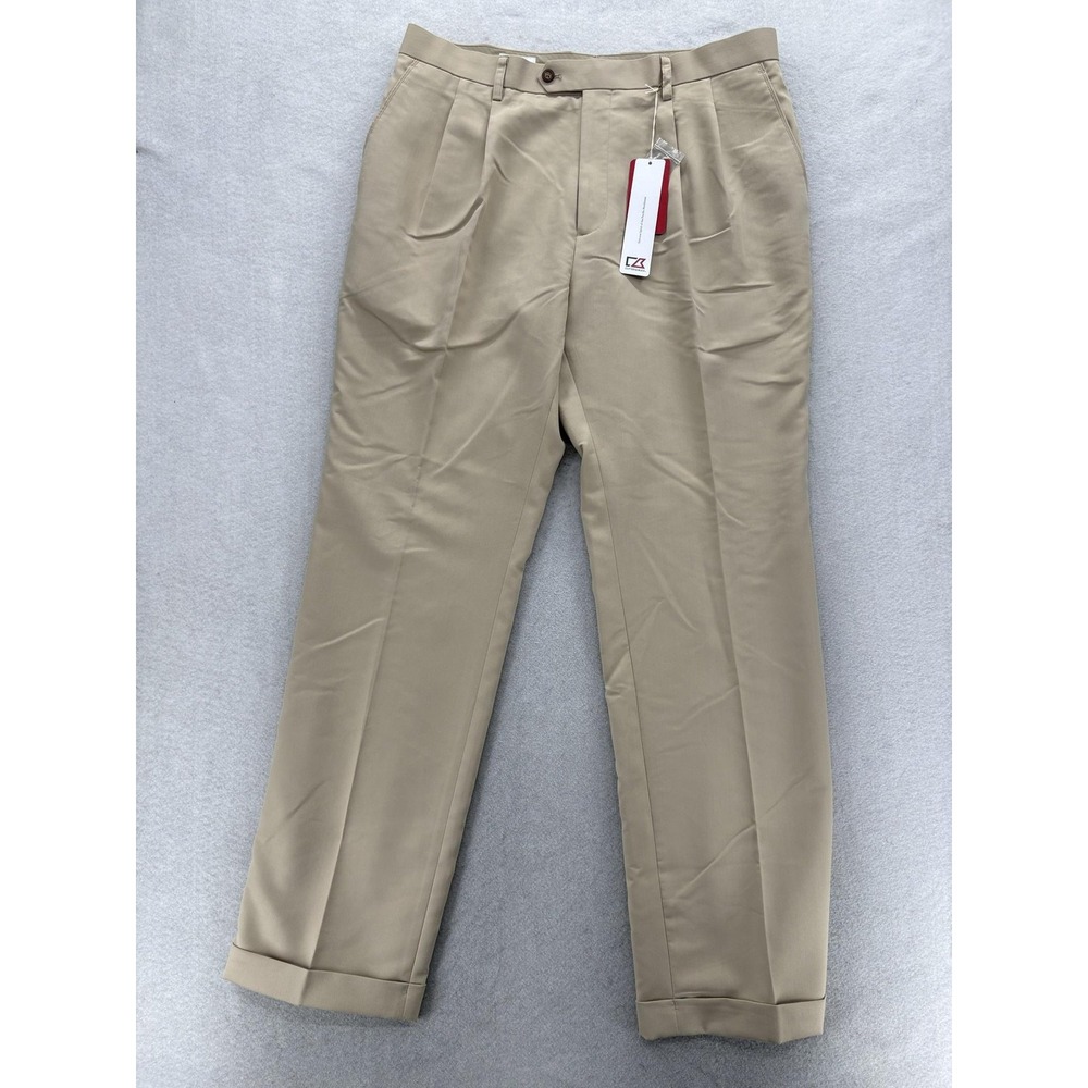 Cutter & Buck Dress Pants Mens 36x34 Beige Regular Fit Pleated Cuffed Workwear